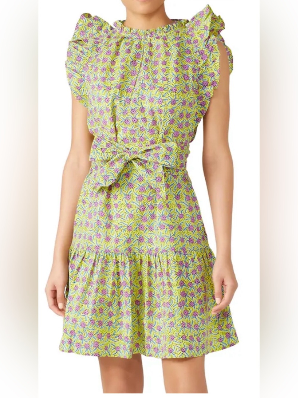 Banjanan Lime & Purple Floral Ruffle Tie-Waist Mini Dress